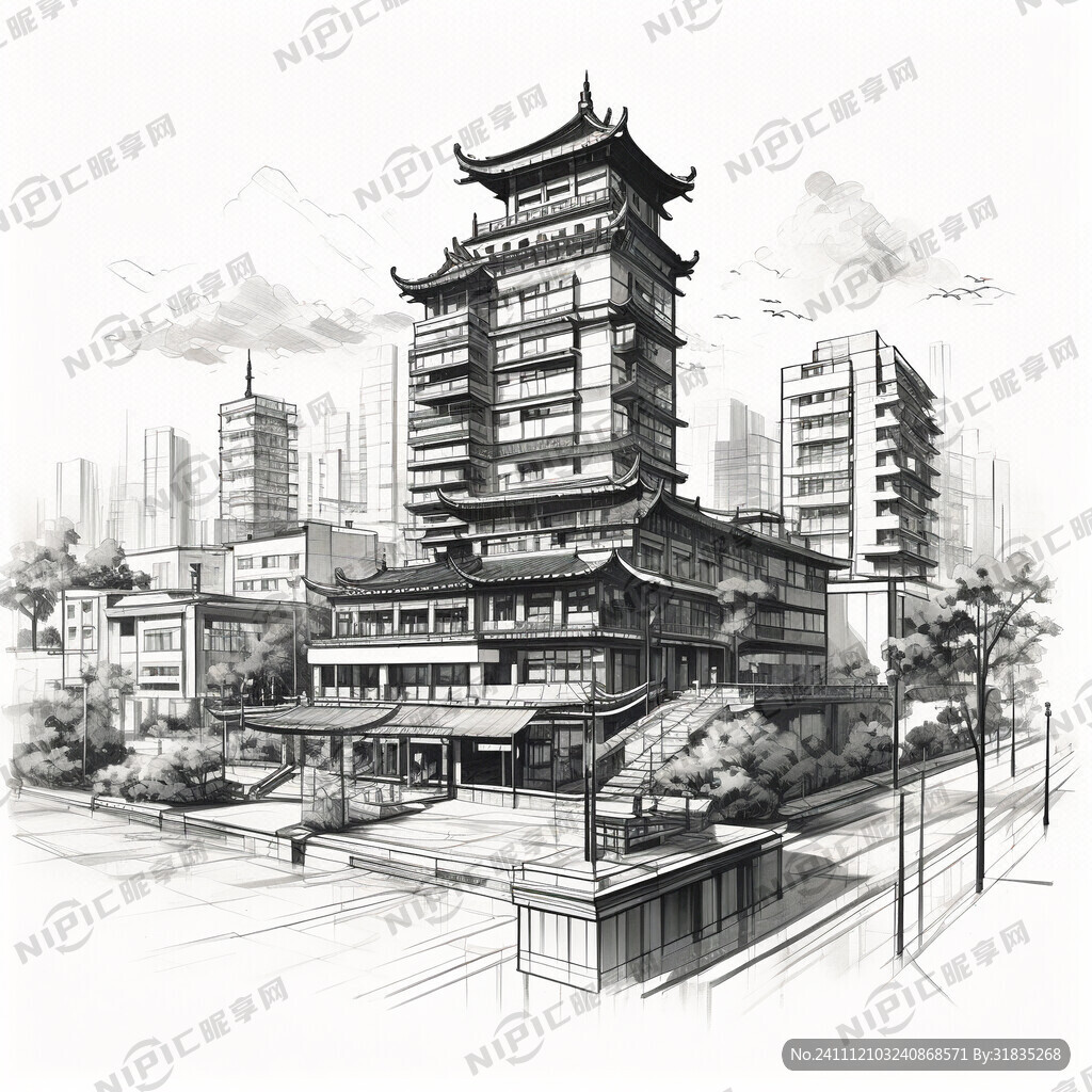耒陽代表建筑線稿插畫