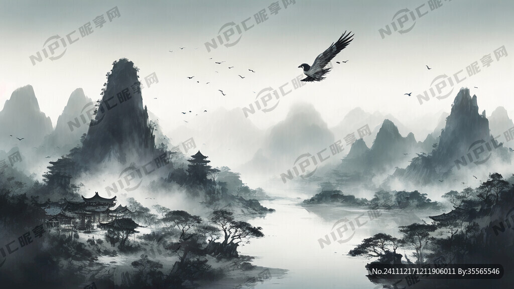 山水畫 飛鳥 房屋 山水風景