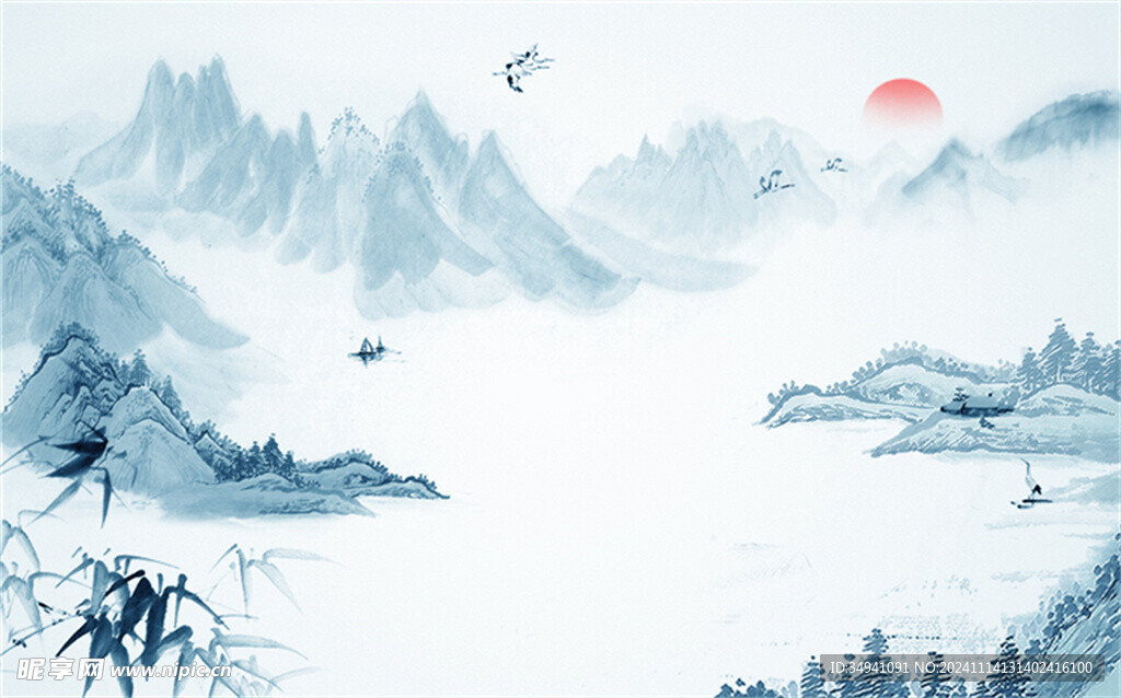 樹 山水 太陽 鳥群 風景