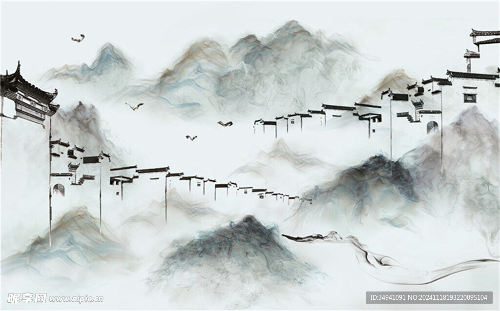 新中式水墨山水背景墻窗簾
