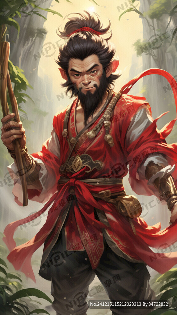 卡通可愛的孫悟空手拿著新鮮的甘