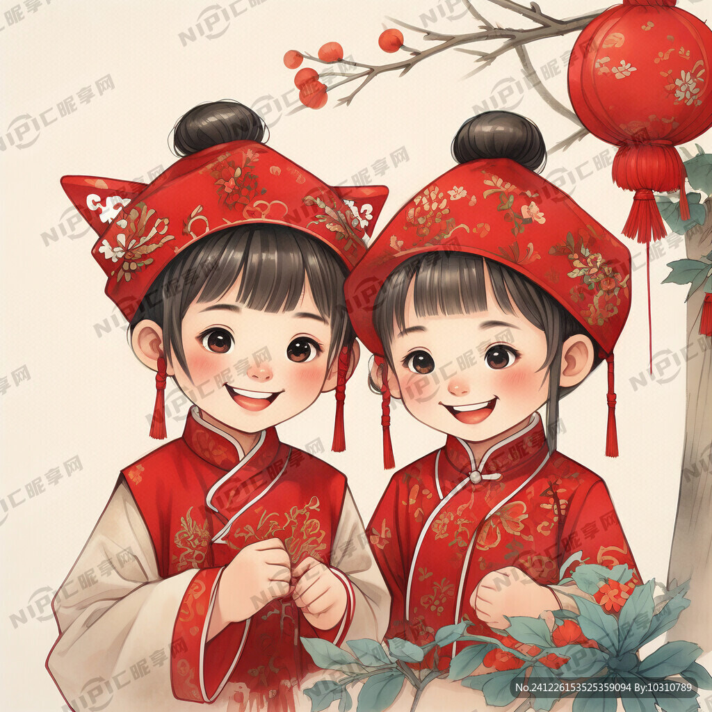 拜年男孩女孩戴帽子穿年衣笑中國