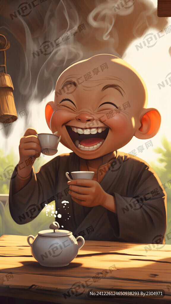 卡通 喝茶 小和尚 笑