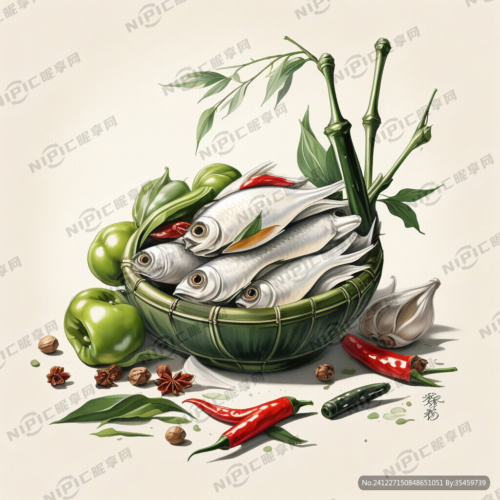 綠色竹筒裝鮮魚(yú)塊有 八角辣椒