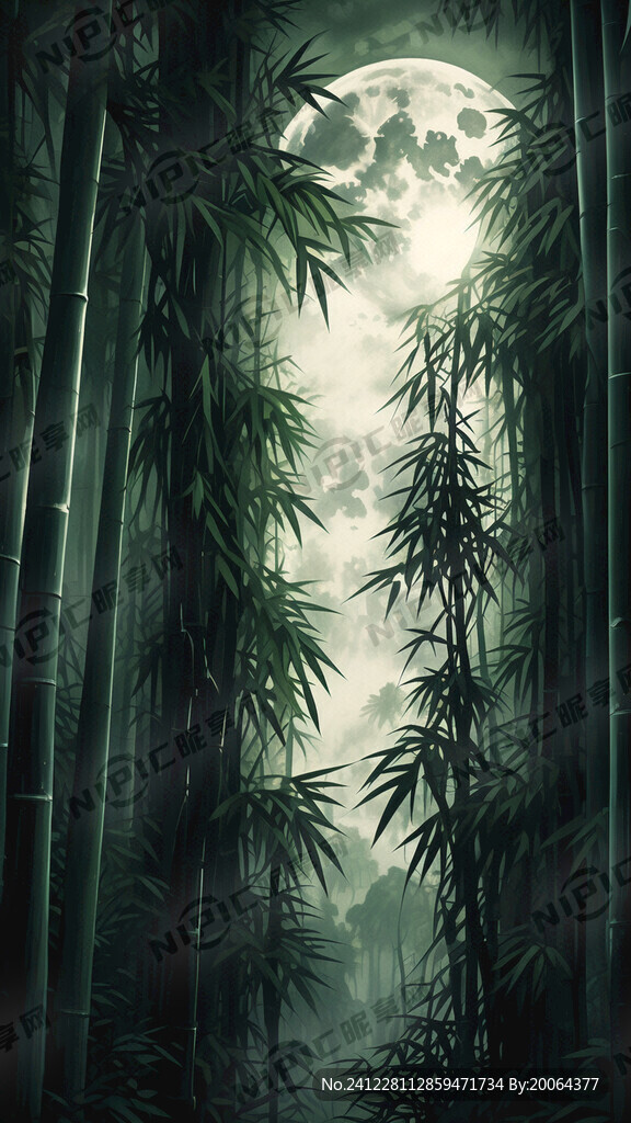 暗綠竹子 月亮 浮雕效果