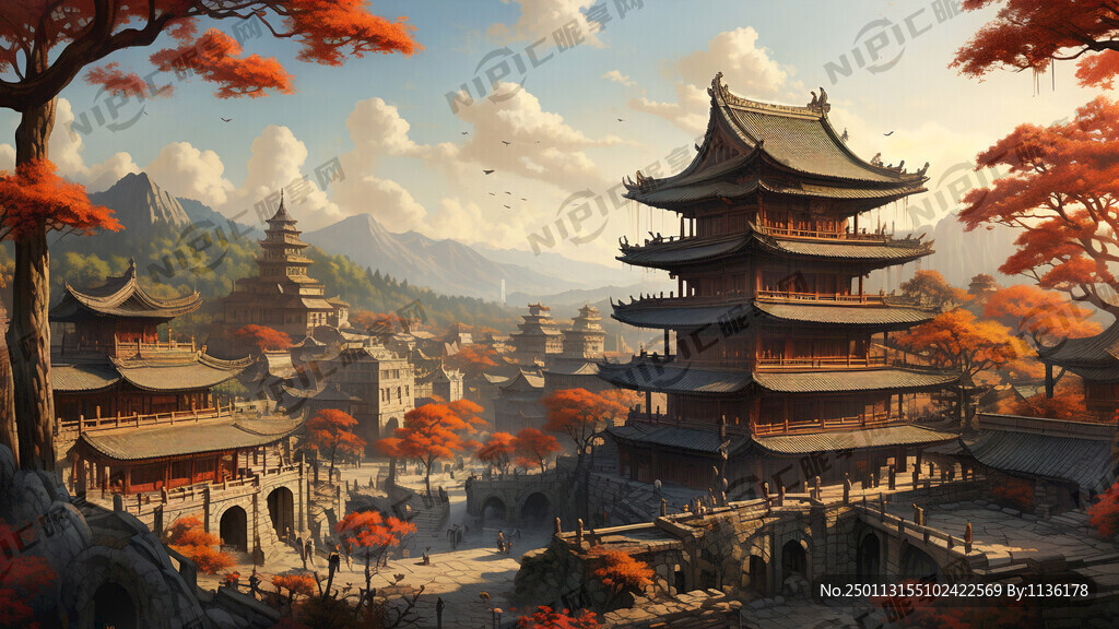 前景是鼓樓和木塔的一幅畫