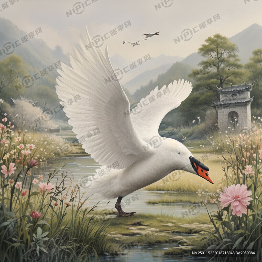 畫一只天鵝在草原上空飛翔