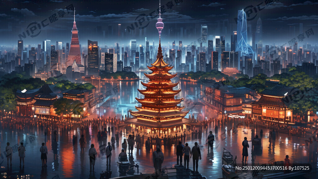 杭州 城市夜景 霓虹閃爍
