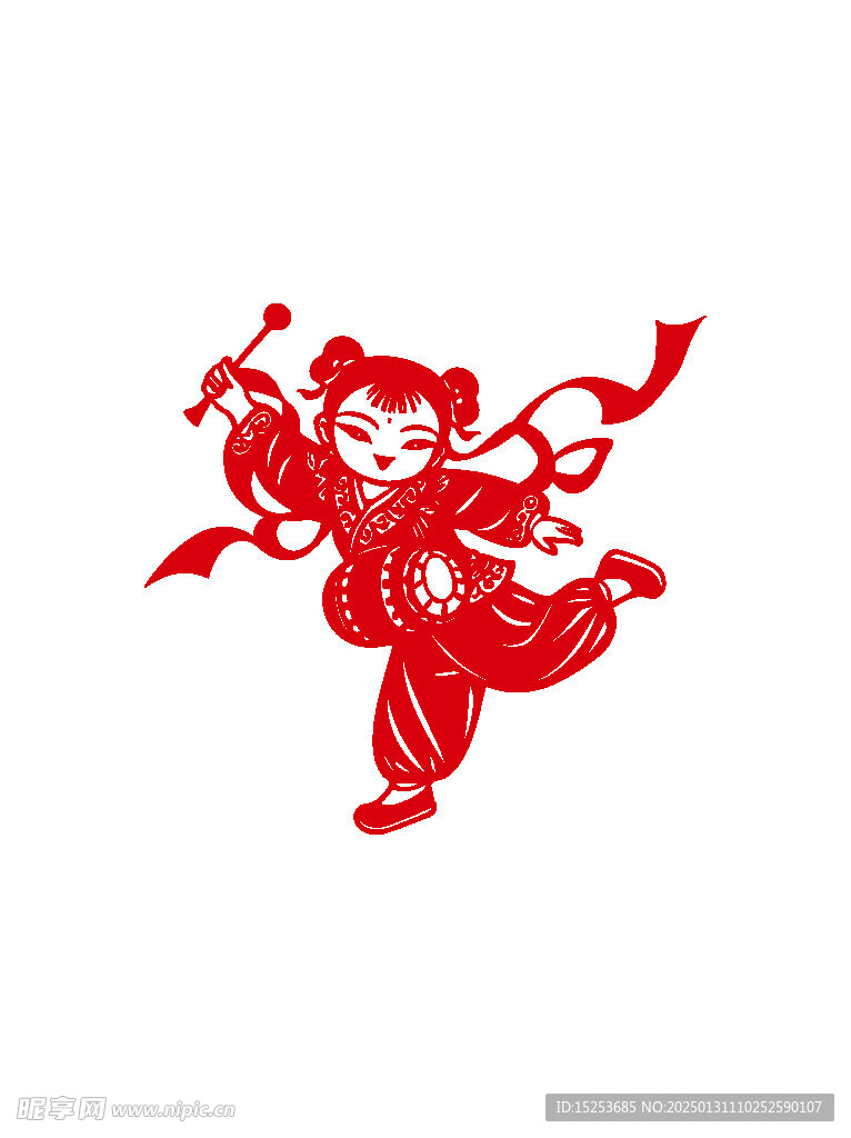 剪紙風(fēng)打鼓女孩春節(jié)元素