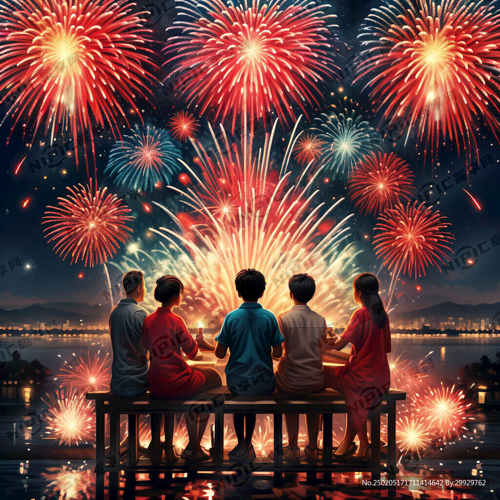 煙花下三五好友相聚共祝彼此幸福