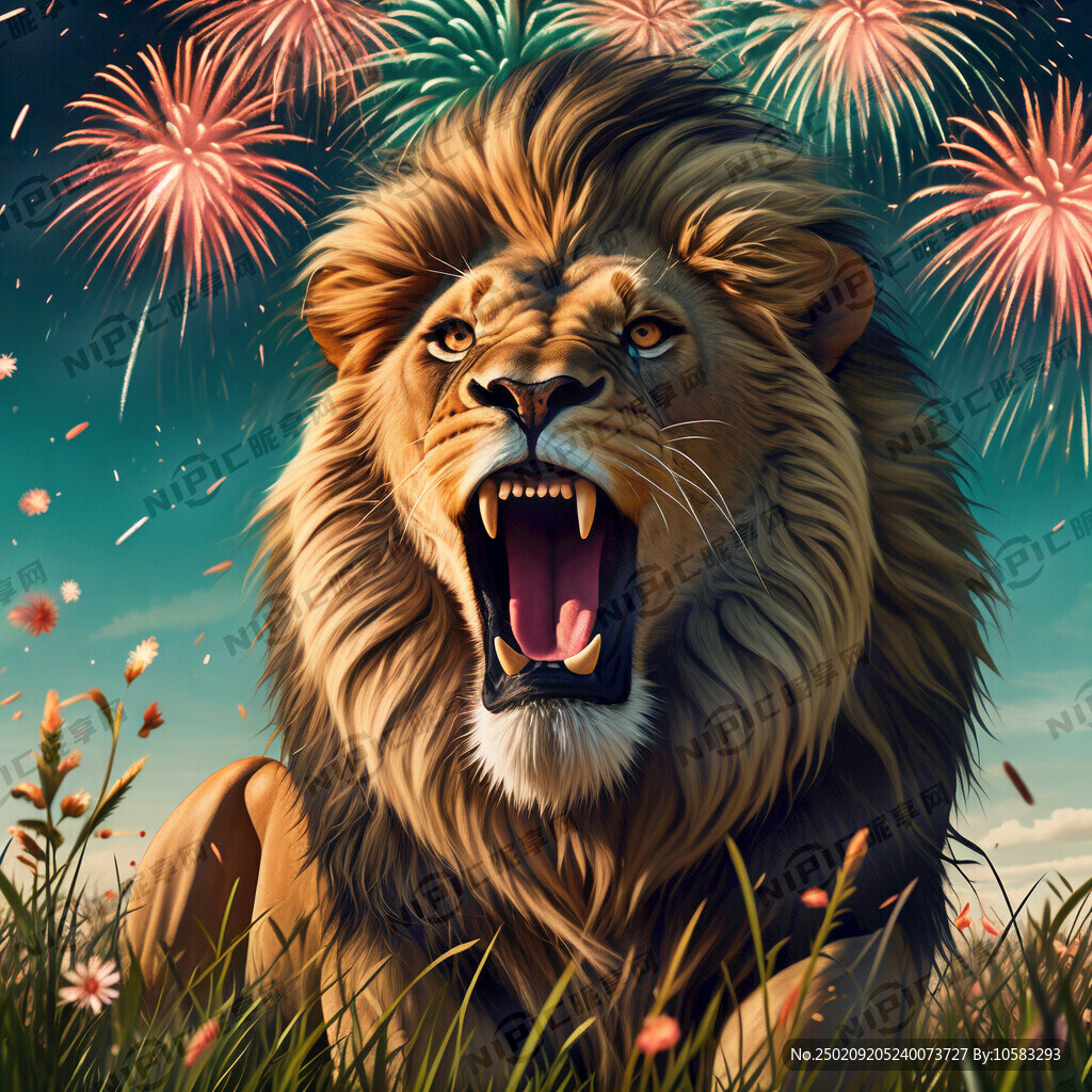 獅子正面怒目圓瞪 嘴巴張大怒吼