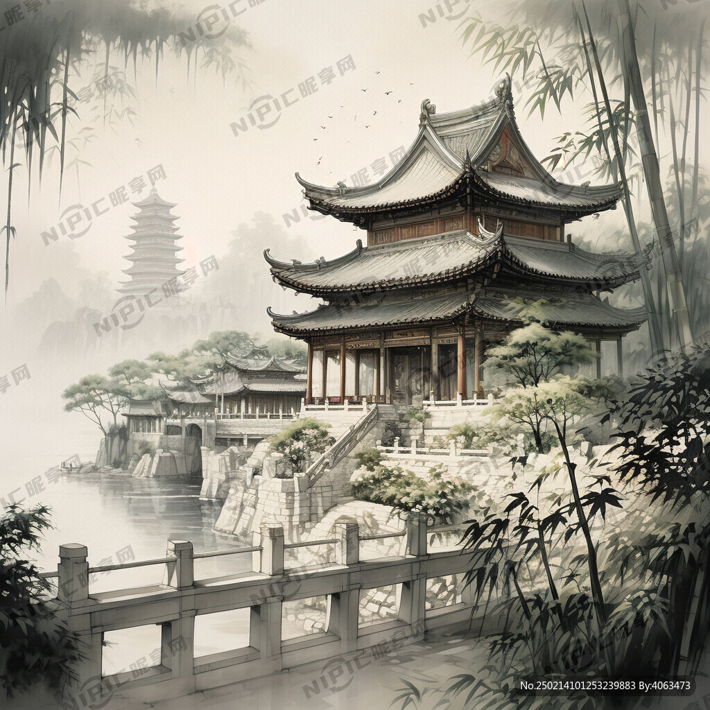 古代房屋 竹林 欄桿
