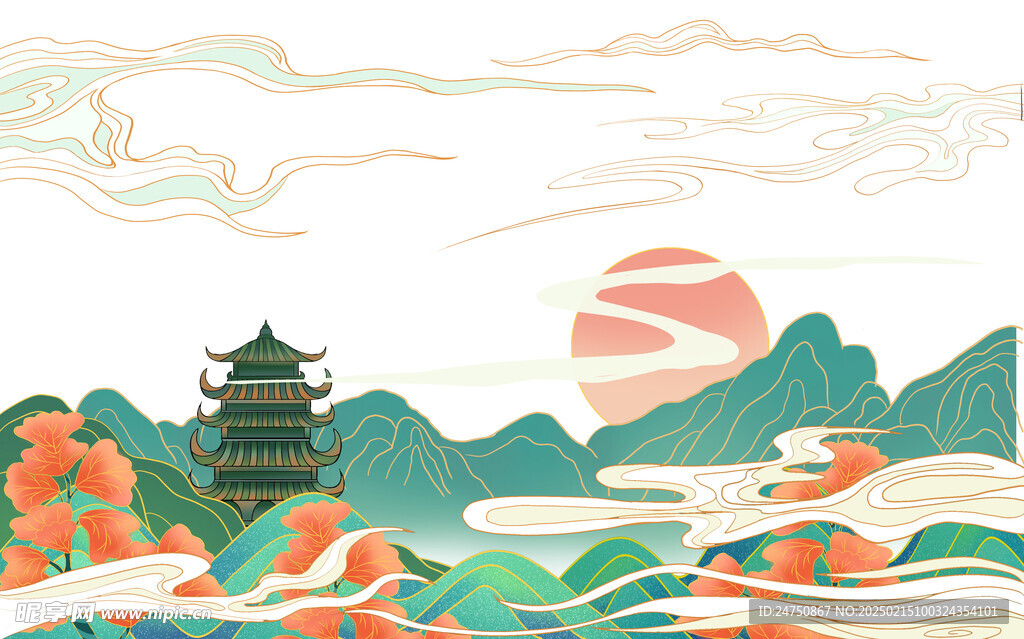 手繪祥云國潮山水元素