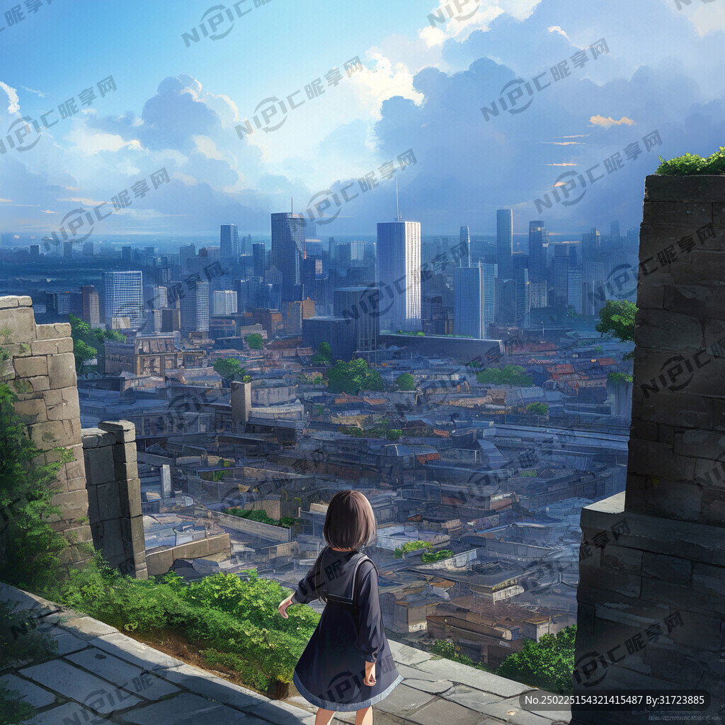 城市廢墟 灰色天空 末日 少女