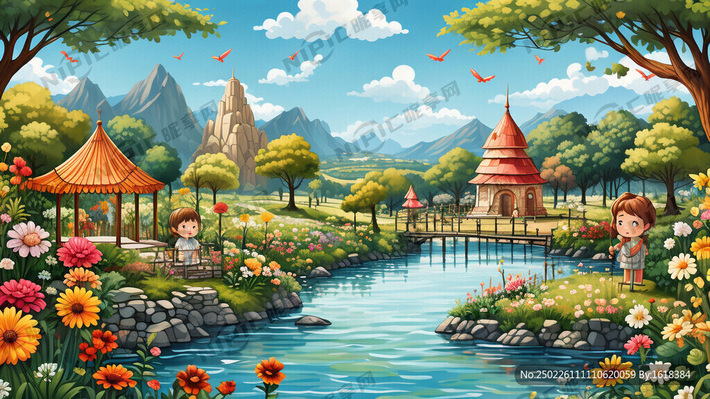 風景 唯美 河流 小亭 花草 