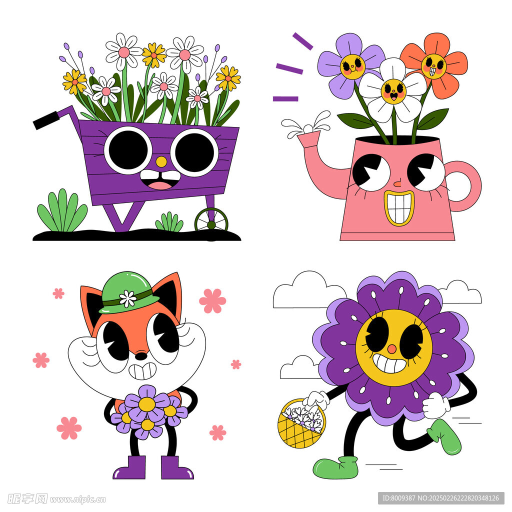 扁平風(fēng)潮流盆栽鮮花圖案元素