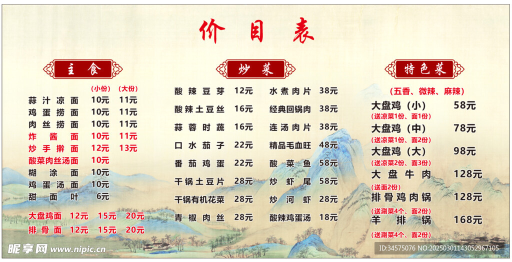 價目表