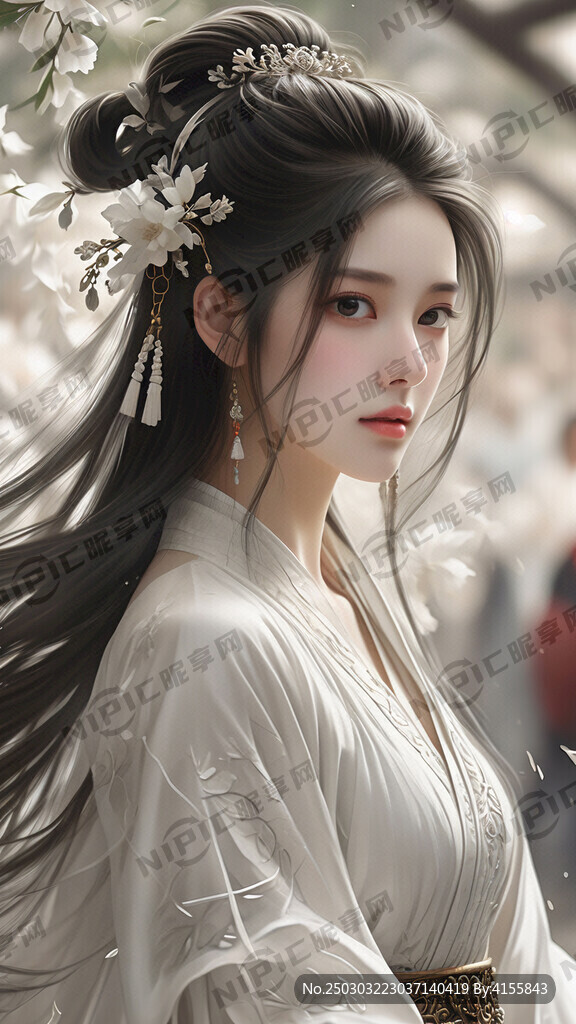 古典美女 長發 白色群眾 近身
