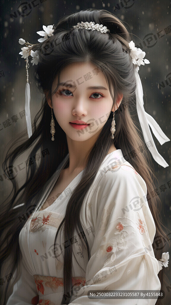 古典美女 長發 白色裙子 全身