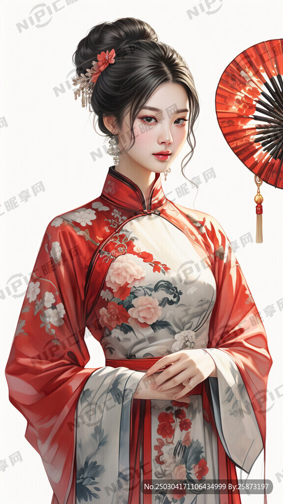 短袖旗袍 女性 拿扇子