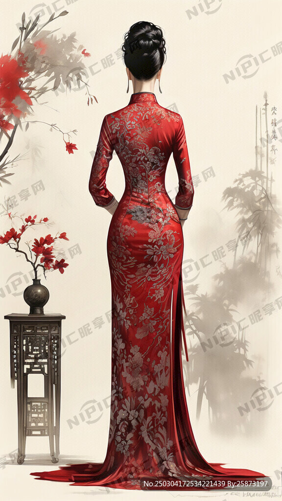 旗袍 背影 女性 優雅 扇子