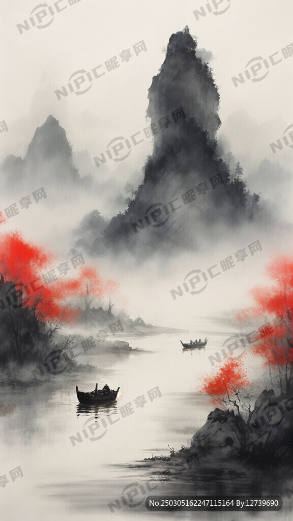 生成一幅山水畫有船有人