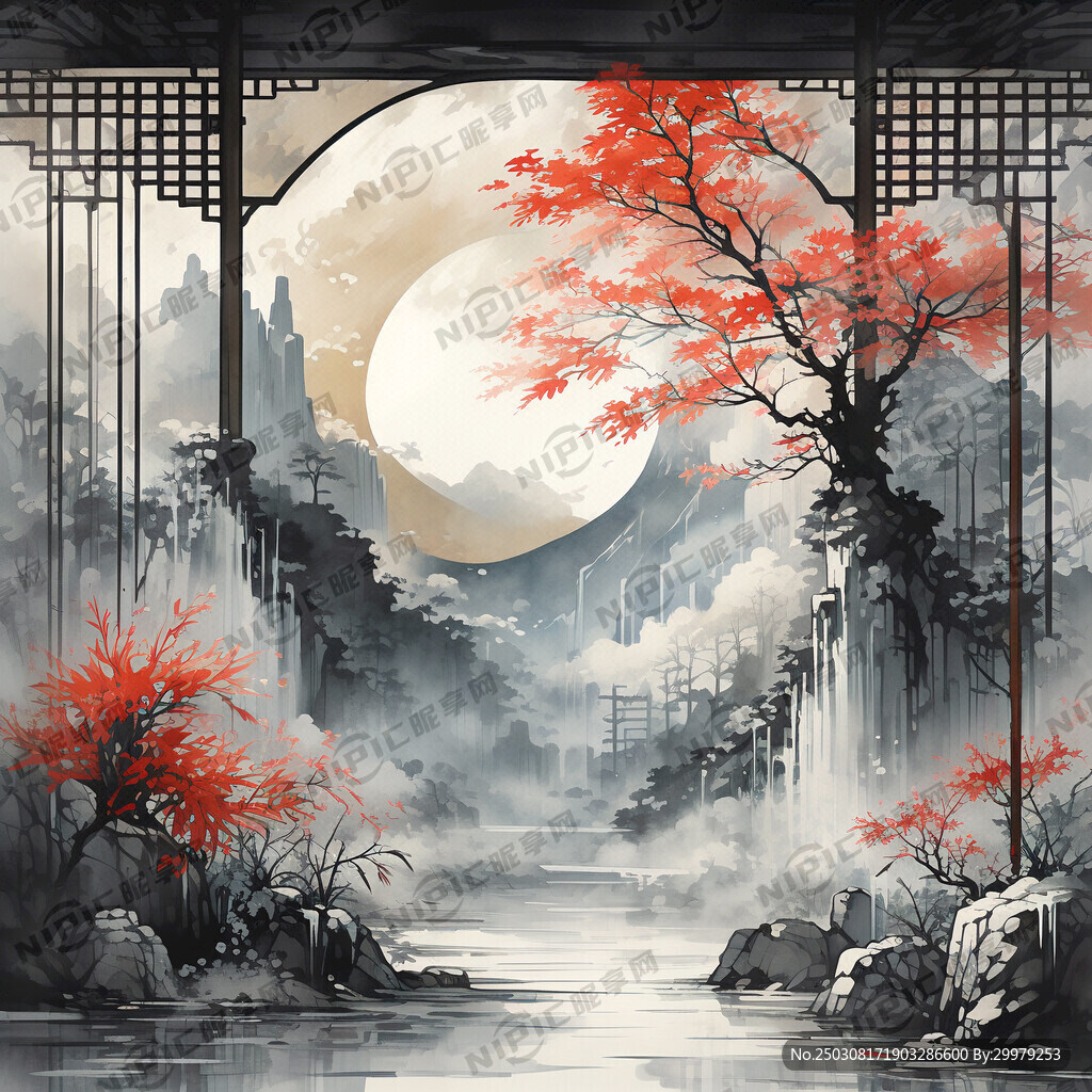 國潮建筑和艾字結合空白背景