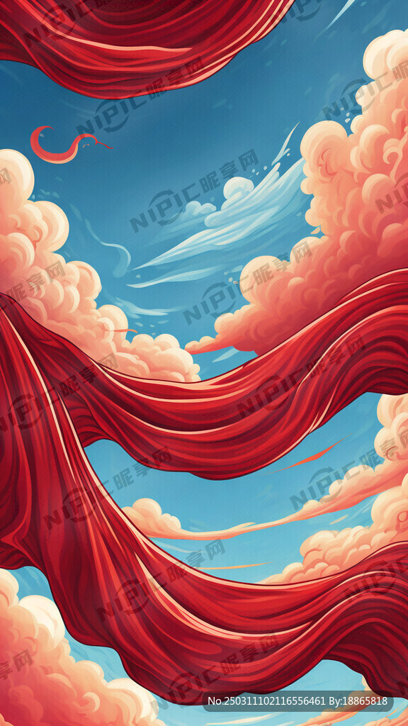 卡通 紅色絲綢、天空、海報背景
