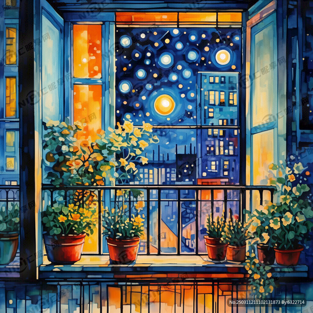 水彩陽臺(tái)窗戶植物夜景