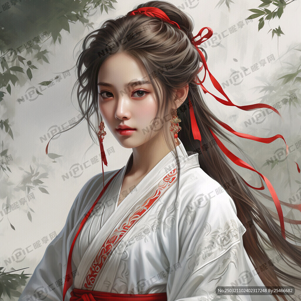古裝美女  白衣 長發 紅頭繩