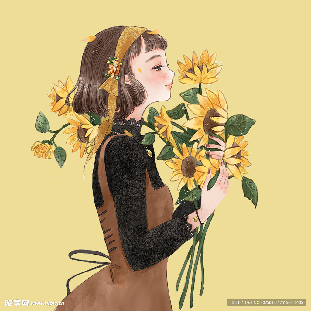 手繪鮮花女孩