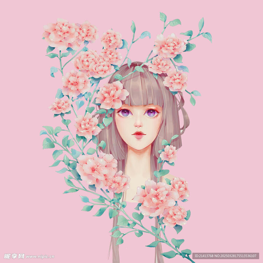 手繪鮮花女孩