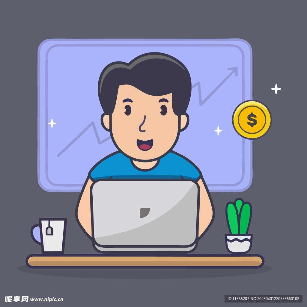 坐在電腦前辦公旁邊有金錢符號的