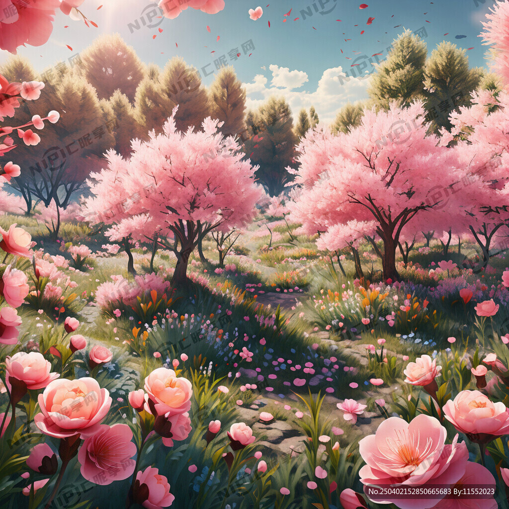 粉色桃花林草地