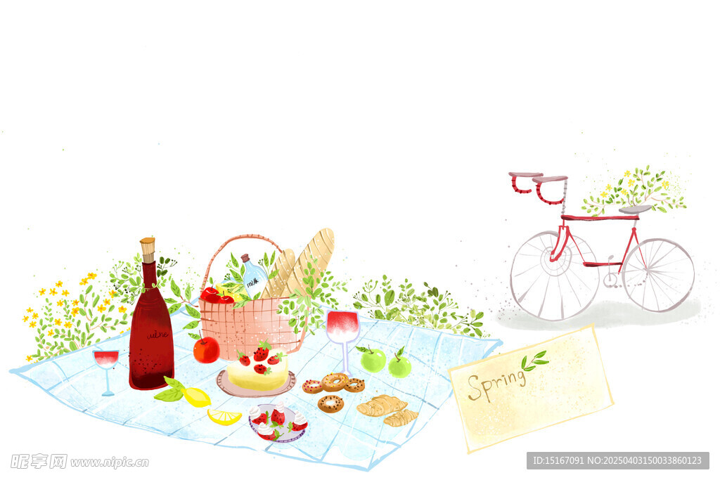 春天郊外野餐卡通插畫