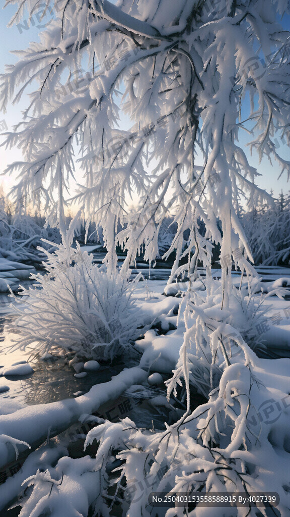 冰河上有一個積滿白雪的樹叉  