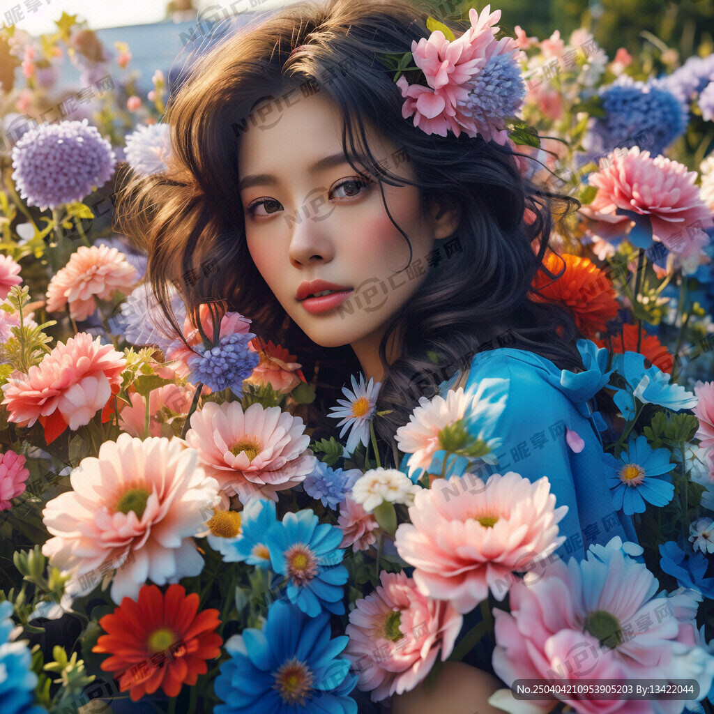 美女花圃藍天