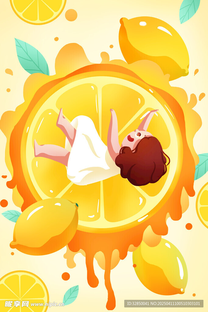 黃色檸檬勁爽夏日水果插畫