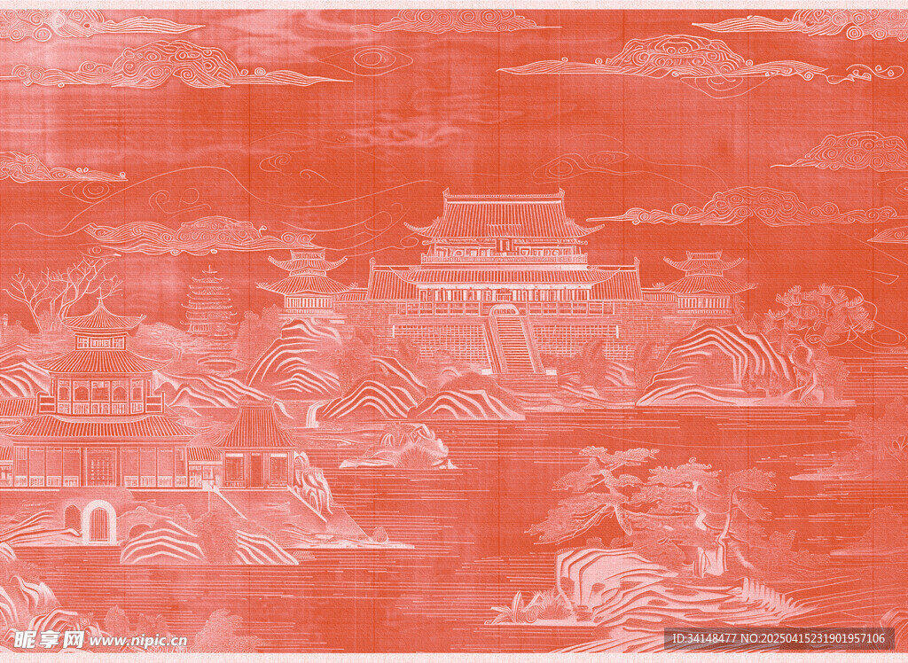 古風(fēng)紅底建筑風(fēng)景圖