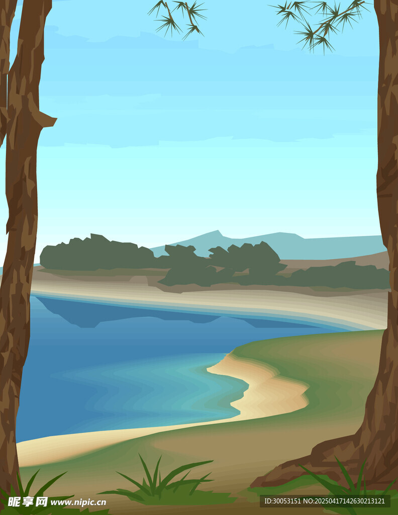 湖泊岸邊風(fēng)景插畫