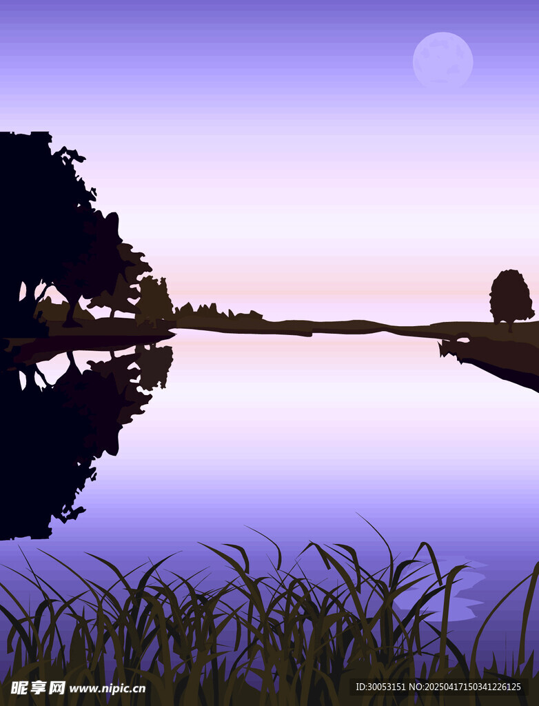 紫色夜晚河水插畫