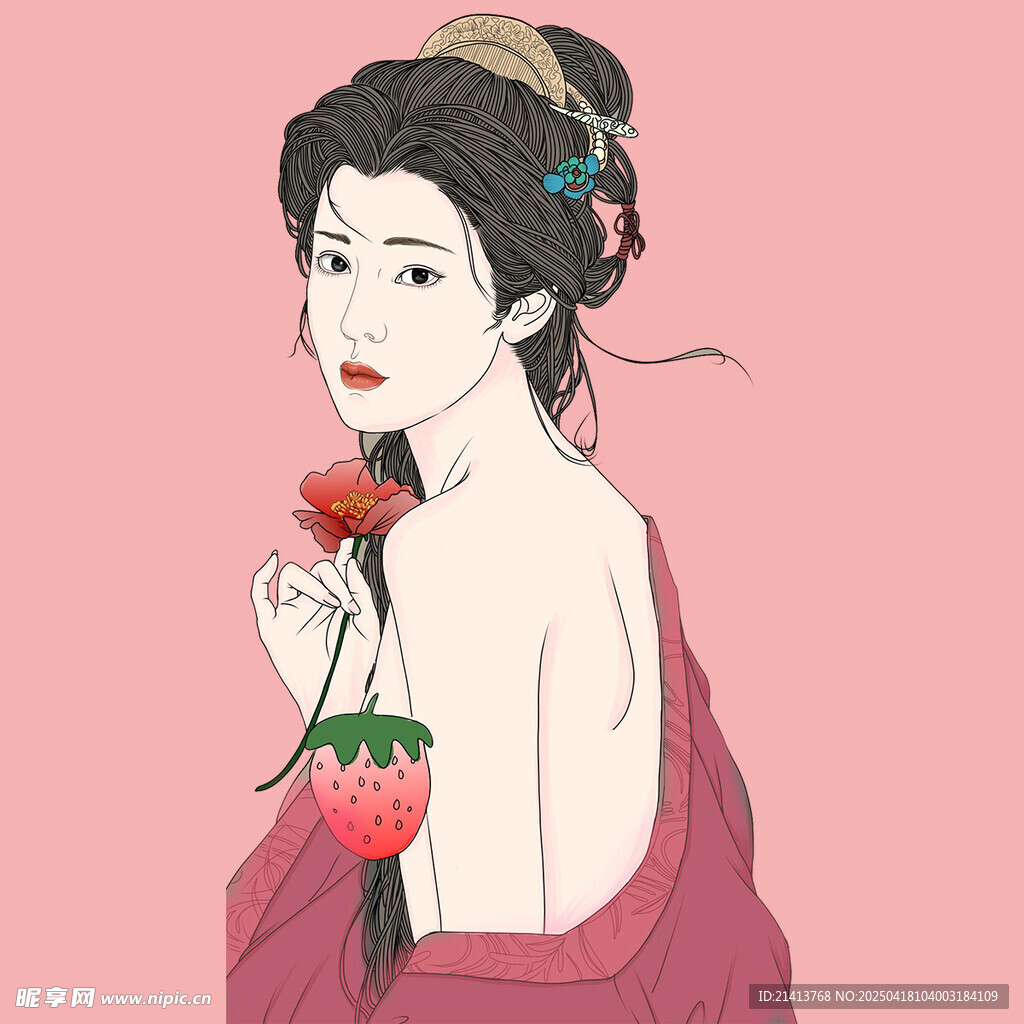 古風美人手持草莓圖