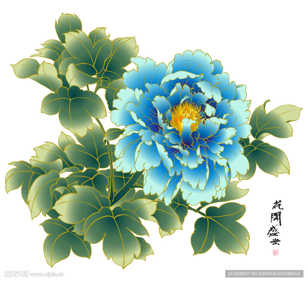 牡丹花 國畫 分層 金線