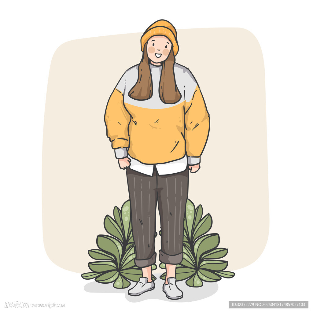 穿衛衣的長發女孩與綠植