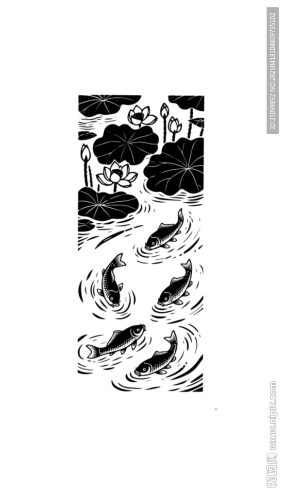 黑白海浪荷花魚(yú)插畫(huà)藝術(shù)作品