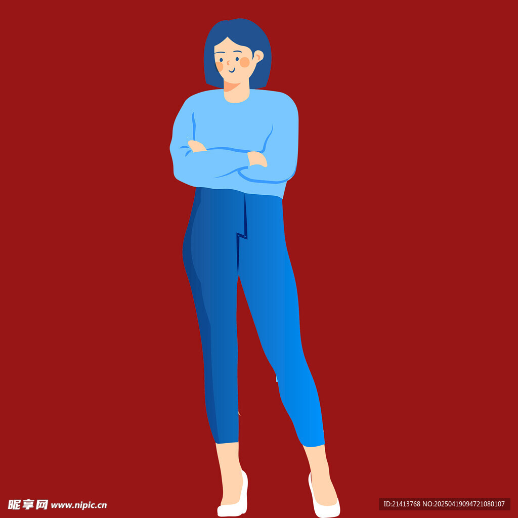 紅衣背景下的藍衣站立女性