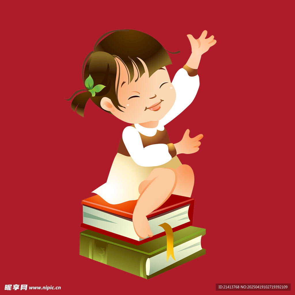 女孩坐書堆舉手