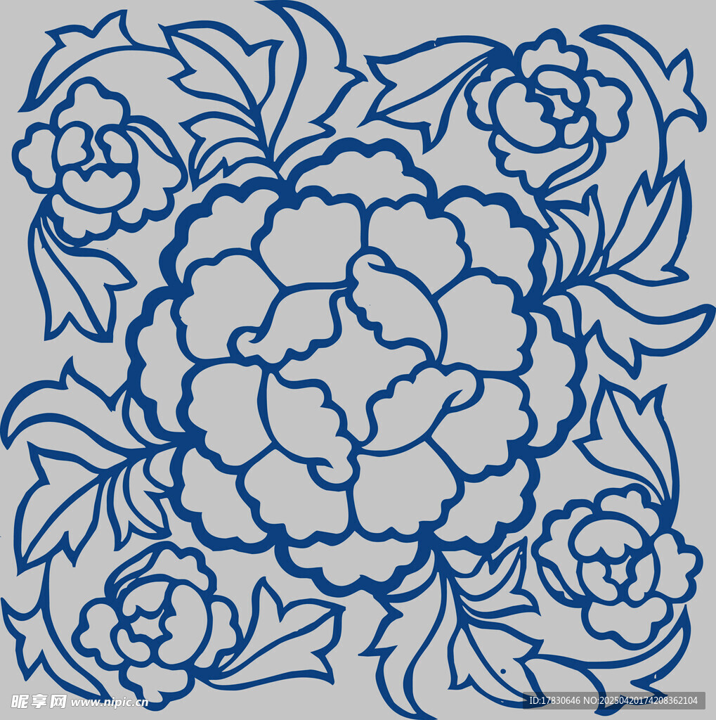 中式藍白花卉刺繡圖案