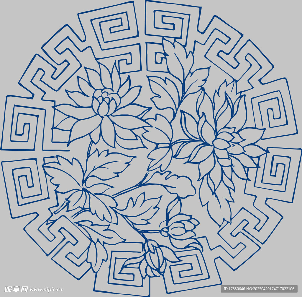 中式藍(lán)白花卉幾何紋圖案