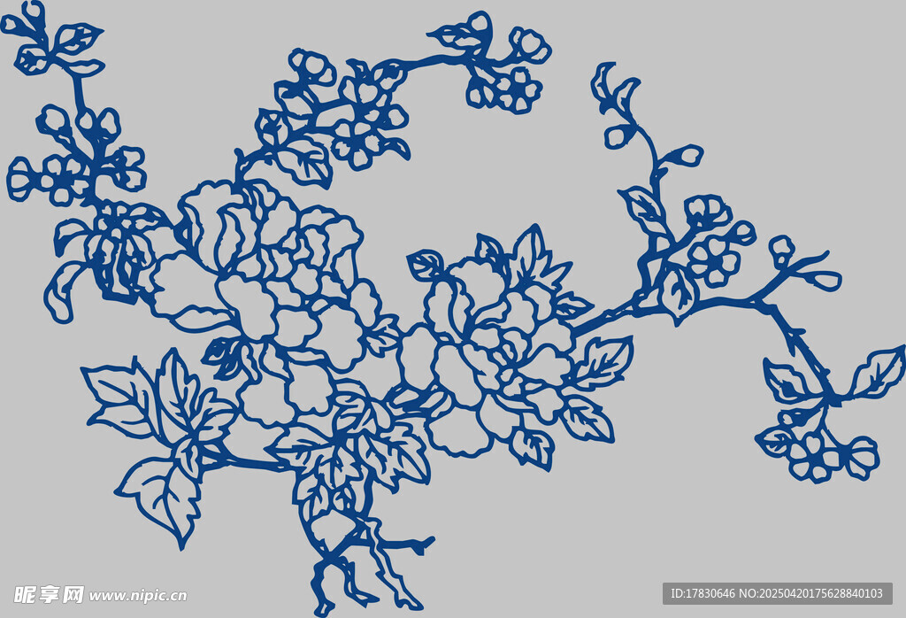 中式藍白花卉刺繡圖案